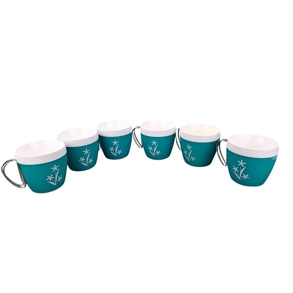 Vintage Mint Green Thermo Serv Mugs NFC White Floral Chrome Wire Handle MCM Teal - Picture 3 of 15